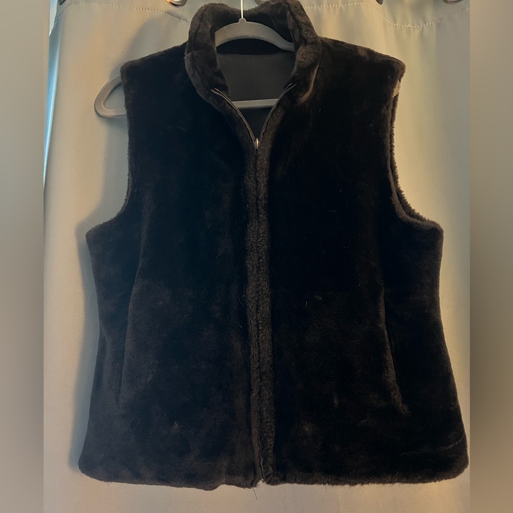 Vintage bill blass BlassSport Reversible Chocolate Brown Faux Fur Zip-Up Vest M